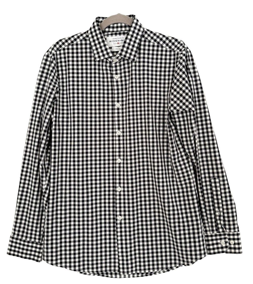 Mizzen+Main Leeward Shirt Mens Large Tall Trim Fit BLK/White Gingham Stretch USA